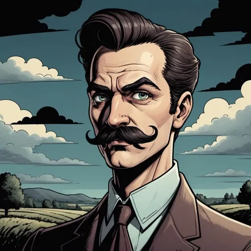 Prompt: a guy with big moustaches, landfields, detailed, dark colors, dramatic, graphic novel illustration,  2d shaded retro comic book