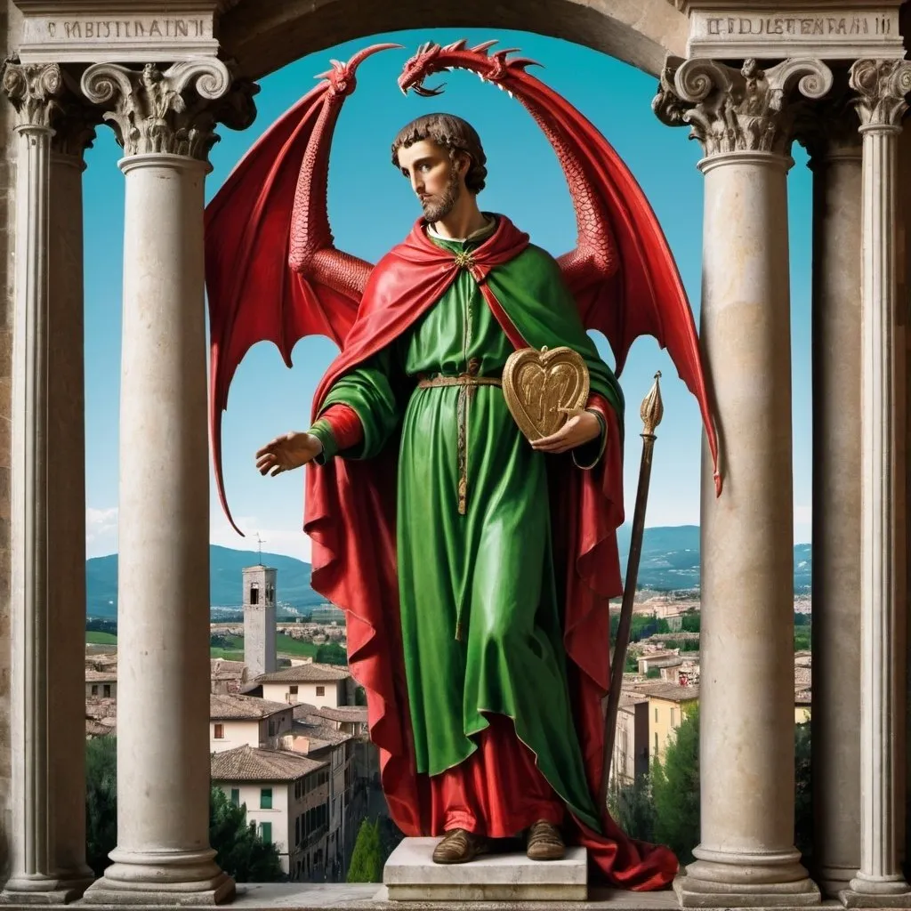 Prompt: Saint Valentine, Umbrian saint from Terni, dressed in a red and green tunic, with a wyvern-like dragon. In the background the city of Terni. Scene framed by two columns, rich in details and colors. Photographic quality.