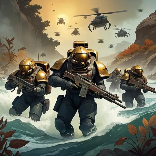 Prompt: Art Nouveau illustration of the video game Helldivers 2 commemorating the fall of Malevelon Creek, featuring vibrant colors, high detail, and resolution. The illustration could depict a scene from the battle of Malevelon Creek, such as Helldivers soldiers fighting off waves of insect alien invaders. The Helldivers soldiers could be wearing their signature jetpacks and carrying a variety of weapons.