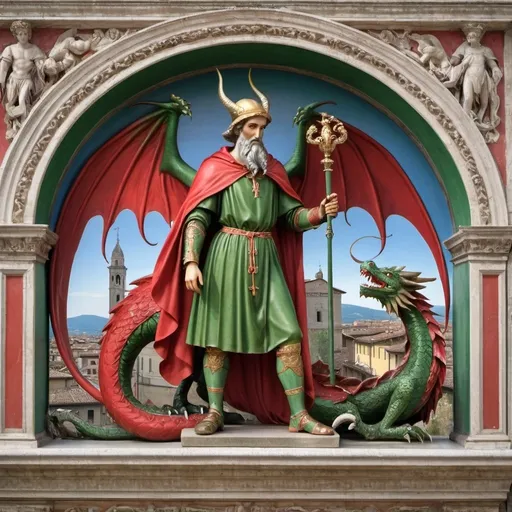 Prompt: Saint Valentine, Umbrian saint from Terni, dressed in a red and green tunic, standing next to a wyvern-like dragon with two legs and a long tail, two horns and a pair of wings as front legs. In the background the city of Terni. Scene framed by two columns, rich in details and colors. Photographic quality.