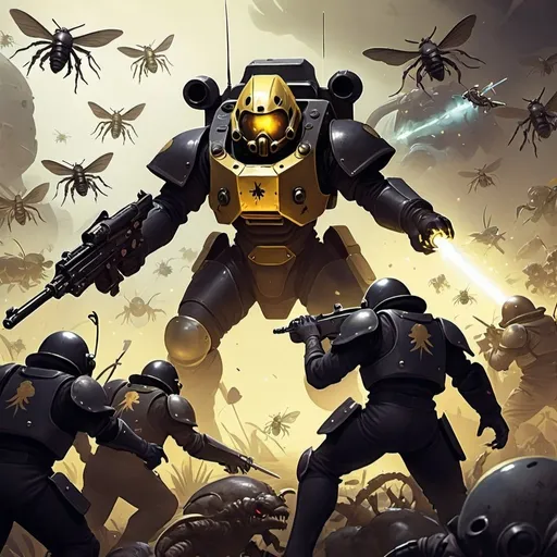 Prompt:  1940s style illustration from the video game Helldivers 2 commemorating the Battle of Malelevelon Creek. in the scene a single helldiver fights against a horde of alien insects. the weapons, insects and black and yellow armor must be as similar as possible to the original ones.