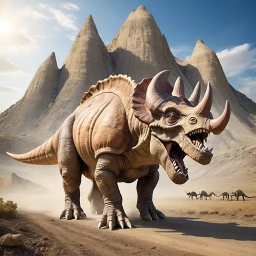 Prompt: Jesus Christ ride a walking
triceratops, big horns and four legs. On the background a Cretaceous landscape. High resolution, photo quality 