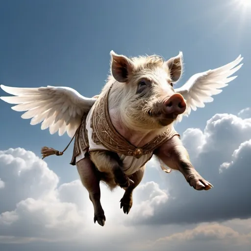 Prompt: boar dressed by white tunic flying with like angel wings in the cloudly sky 