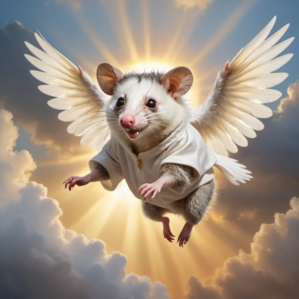 Prompt: an opossum, dressed by white tunic, flying and runnng in the cloudly sky with white and feathered wings. Blessing golden light on the background and a halo on head