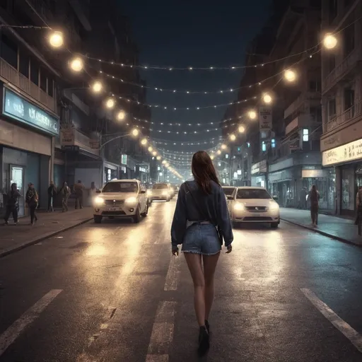 Prompt: a girl walk in city street with lights, traffic, night, realistic, detailed