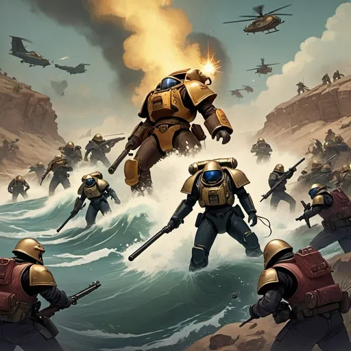 Prompt: Art Nouveau illustration of the video game Helldivers 2 commemorating the fall of Malevelon Creek, featuring vibrant colors, high detail, and resolution. The illustration could depict a scene from the battle of Malevelon Creek, such as Helldivers soldiers fighting off waves of alien invaders.