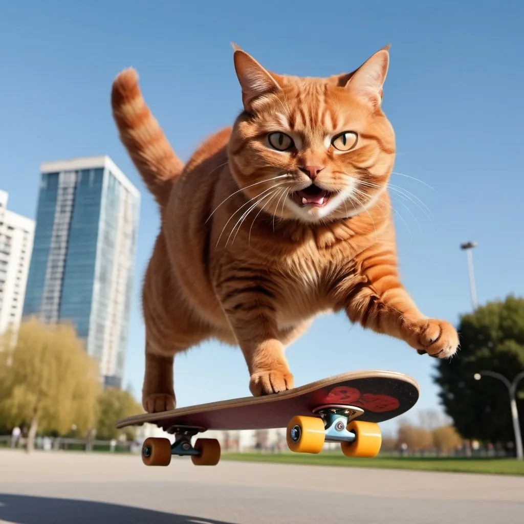 Prompt: photorealistic image of a very fat dark red-brown cat jumping with a skateboard immortalized while performing a trick like ollie. Very dynamic pose, cat in mid-air and skateboard off the ground, very bright colours, city park on background