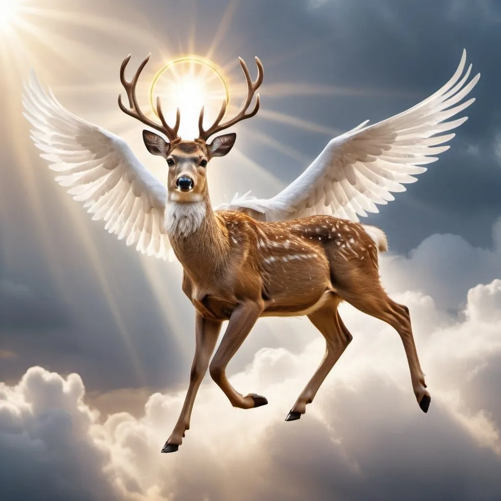 Prompt: a deer, dressed by white tunic, flying and runnng in the cloudly sky with white and feathered wings. Blessing golden light on the background and a halo on head