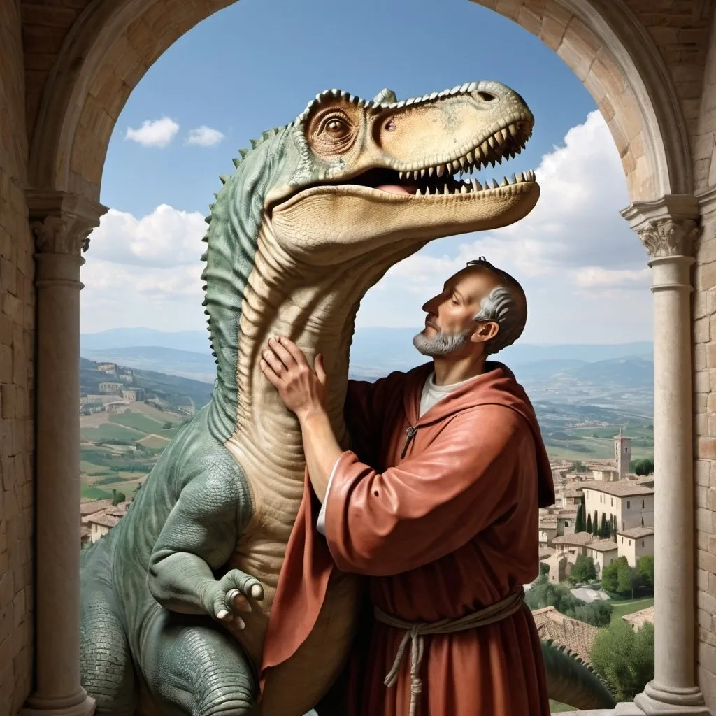 Prompt: The saint Jacopone from Todi, Umbria hug a little tirannosaurus rex, high detail, max resolution