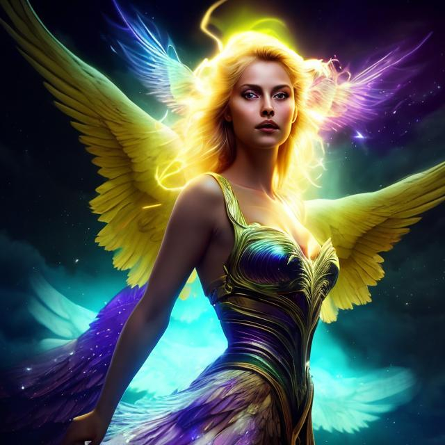 Prompt: a beautiful blonde woman with wings that shine with yellow and purple lights, some big birds fly,stand in the dark night with green reflections, chiaroscuro light, phosphorescent light,phtotoreALISM, 8k.