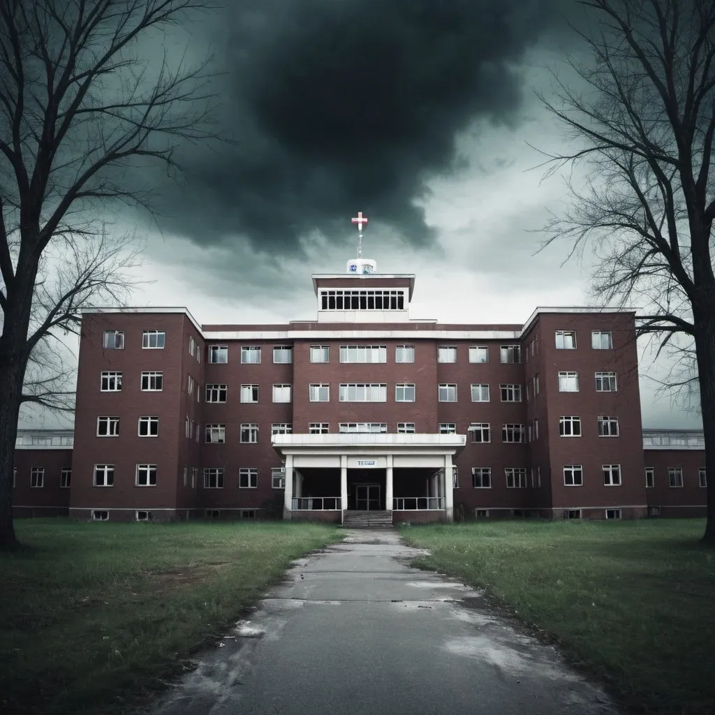 Prompt: Scary hospital with trees in side for poster 