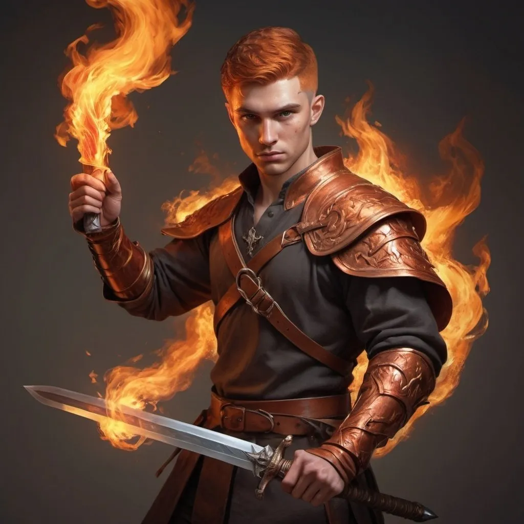 Prompt: hyper-realistic human male character with fire hands,sword, fantasy character art, illustration, dnd, warm tone