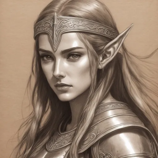 Prompt: sketch female elve long hair, armor greek or roman inspired metal,sword,on light brown paper.lord of the rings art, pencil detail texture, full body portrait