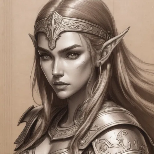 Prompt: sketch female elve long hair, armor greek or roman inspired metal,sword,on light brown paper.world of warcraft art, pencil detail texture