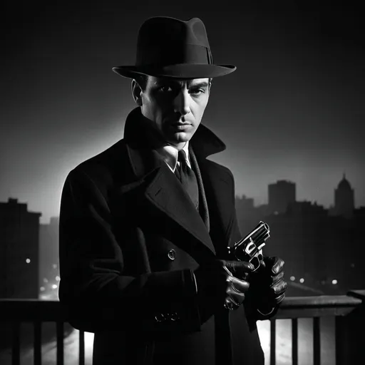 Prompt: dim, night film noir photography, Detective, 1950s, holding revolver, city background, black coat and hat, shadows