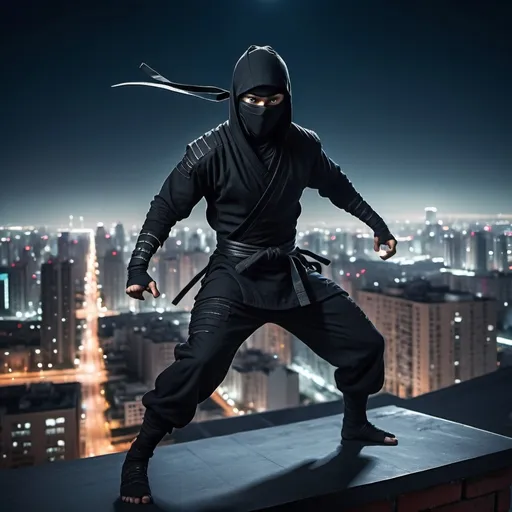 Prompt: (ninja on a rooftop of a building), (dynamic pose), moonlit night, sleek clothing, shadows casting dramatic shapes, detailed texture on the building's facade, vibrant city lights in the background, tension and excitement in the atmosphere, ultra-detailed, cinematic quality, high energy scene, capturing the essence of stealth and agility.