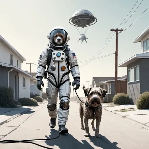 Prompt: a man in a space suit walking his dog which is also in a space suit for dogs, on a leash, subjects are walking towards the camera, futuristic apocolyptic suburban neighbourhood, flying cars in the background, Chris LaBrooy, retrofuturism, sci fi, concept art