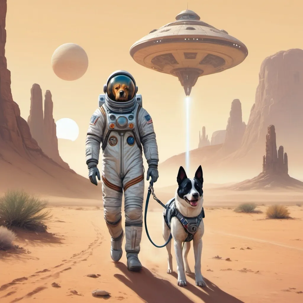 Prompt: a man in a space suit walking a dog on a leash in a desert area with a spaceship in the background, Chris LaBrooy, retrofuturism, sci fi, concept art