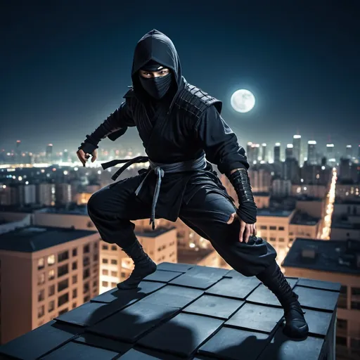 Prompt: (ninja on a rooftop of a building), (dynamic pose), moonlit night, sleek clothing, shadows casting dramatic shapes, detailed texture on the building's facade, vibrant city lights in the background, tension and excitement in the atmosphere, ultra-detailed, cinematic quality, high energy scene, capturing the essence of stealth and agility.