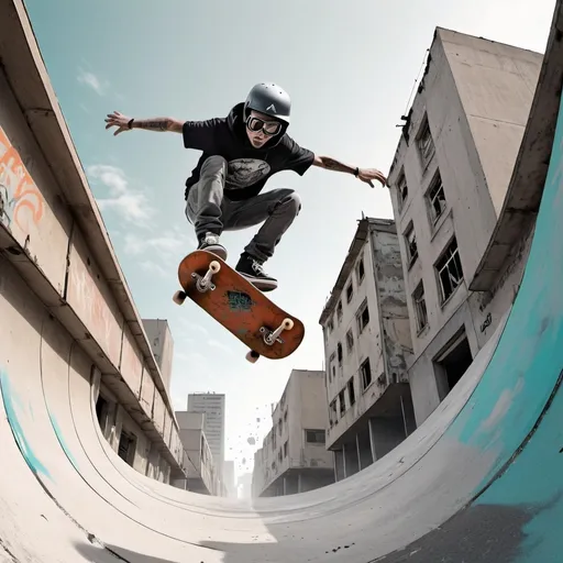 Prompt: a skater dropping into a giant halfpipe, subject is low angle camera shot, futuristic apocolyptic city,abandoned buildings in the background, Chris LaBrooy, retrofuturism, sci fi, concept art