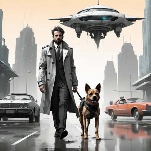 Prompt: a man in a futuristic trench coat and suit with his dog, subjects are walking towards the camera, futuristic apocolyptic city, flying cars in the background, Chris LaBrooy, retrofuturism, sci fi, concept art