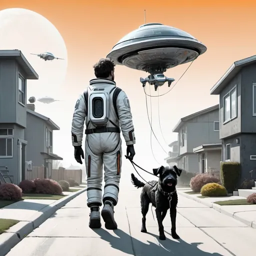 Prompt: a man in a space suit walking his dog on a leash in a futuristic suburban neighbourhood, with flying cars in the background, Chris LaBrooy, retrofuturism, sci fi, concept art