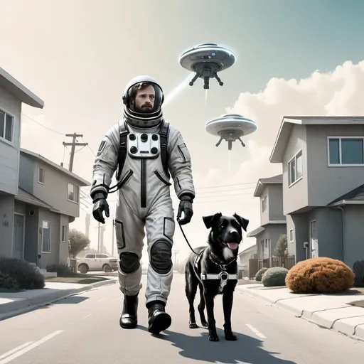 Prompt: a man in a space suit walking his dog on a leash away from tthe camera in a futuristic suburban neighbourhood, with flying cars in the background, Chris LaBrooy, retrofuturism, sci fi, concept art