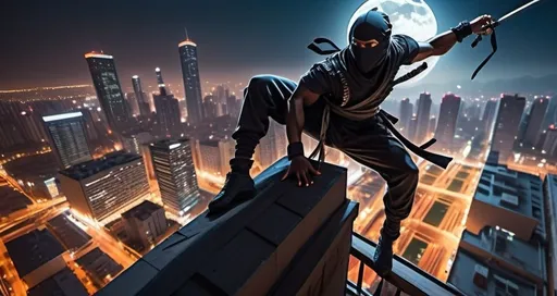 Prompt: (african male ninja on a rooftop of a building), (dynamic pose), moonlit night, sleek clothing, shadows casting dramatic shapes, detailed texture on the building's facade, vibrant city lights in the background, tension and excitement in the atmosphere, ultra-detailed, cinematic quality, high energy scene, capturing the essence of stealth and agility.