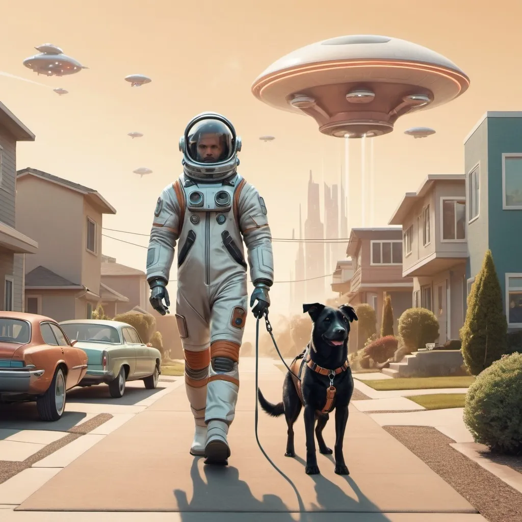 Prompt: a man in a space suit walking his dog on a leash in a futuristic suburban neighbourhood, with flying cars in the background, Chris LaBrooy, retrofuturism, sci fi, concept art