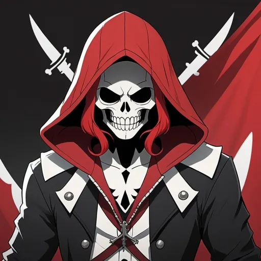 Prompt: from a jolly roger one piece style and a hood from assassin creed weared by the skeletorn head,as a background like a flag,draw a main character with red hair and similar to alastor from hazbin hotel