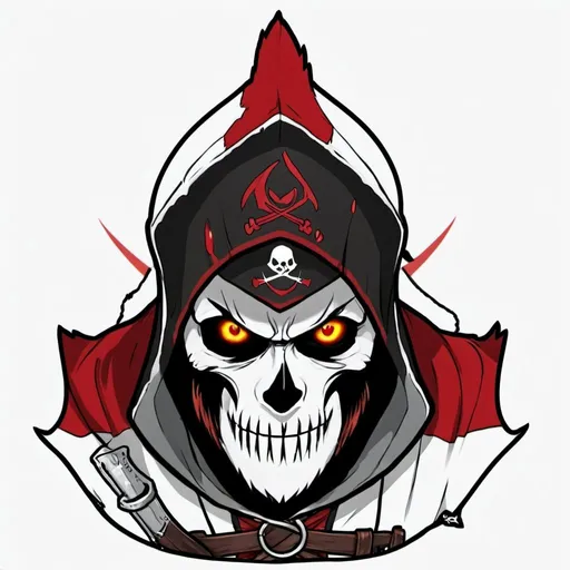 Prompt: Anime illustration of a character with a Jolly Roger flag, red-bearded Alastor-style character, Assassin Creed hood, pirate theme, detailed flag design, intense and focused gaze, highres, ultra-detailed, anime, pirate, cool tones, detailed eyes, atmospheric lighting