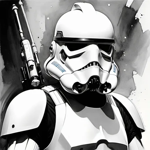 Prompt: Desenho no estilo de Bill Sienkiewicz de um Stortrooper do filme Star Wars, esboço em preto e branco,  sério olhando para o horizonte

