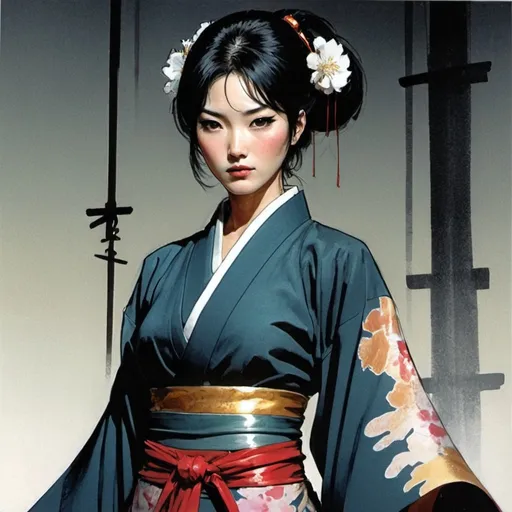 Prompt: Desenho no estilo de Bill Sienkiewicz de Lady Mariko Sama da série de TV Shógun, em traje cerimonial japonês,  sério olhando para o horizonte, com destaque para suas curvas femininas

