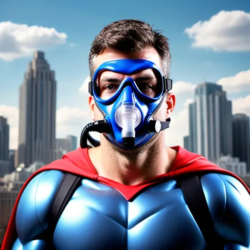 Prompt: superhero with cpap with city background