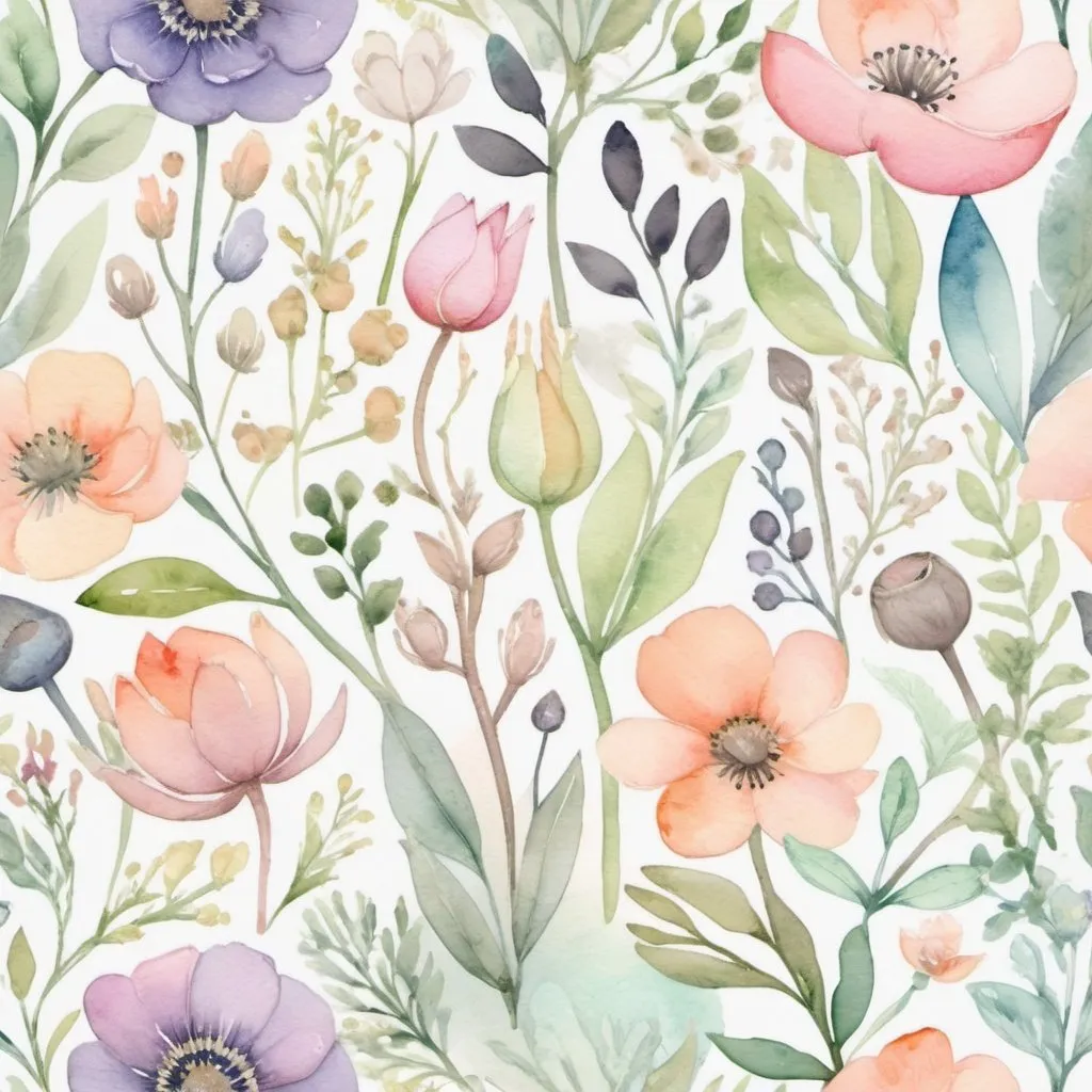Prompt: Intricate watercolor meta florals, botanical elements, pastel color palette, soft depth and delicate textures, echoing an enchanted springtime garden. Perfect for adding a touch of whimsy to any space or project.