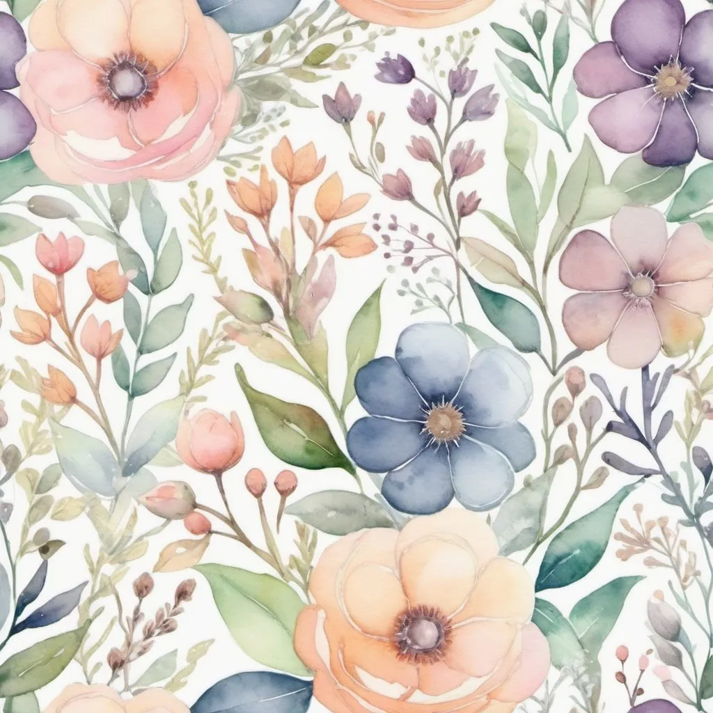 Prompt: Intricate watercolor meta florals, botanical elements, pastel color palette, soft depth and delicate textures, echoing an enchanted springtime garden. Perfect for adding a touch of whimsy to any space or project.