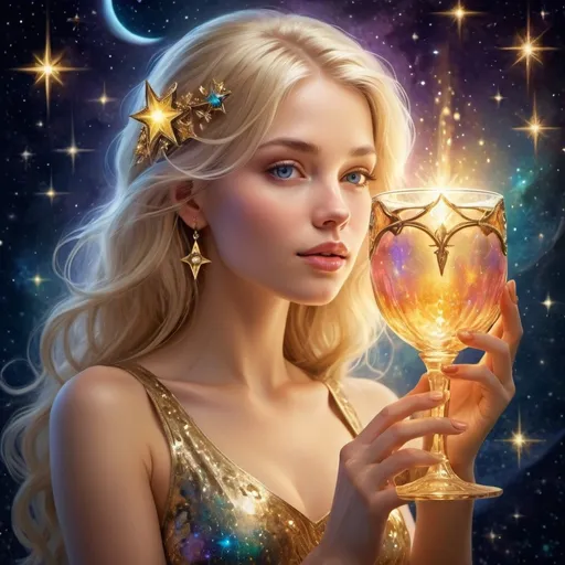 Prompt: Beautiful blonde with starlight in her hair drinking a golden elixir of life out of a crystal goblet of of surrounded by stars and moons and colors