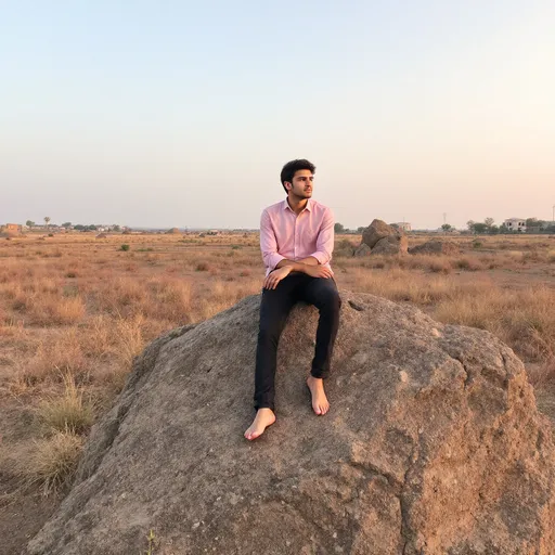 Prompt: Perched on a large, rugged rock, a young man sits quietly, gazing into the distance with a contemplative expression. He wears a soft pink shirt and black trousers, his bare feet resting on the uneven surface of the stone, connecting him to the natural landscape. The setting, illuminated by the warm light of the late afternoon sun, suggests a tranquil outdoor environment, surrounded by sparse grass and distant structures that hint at human presence. The mood is serene, reflecting a moment of solitude and reflection amidst the expansive backdrop, with a clear sky above enhancing the sense of calm. The image captures not just a person, but a fleeting moment of introspection in a simple yet evocative landscape.