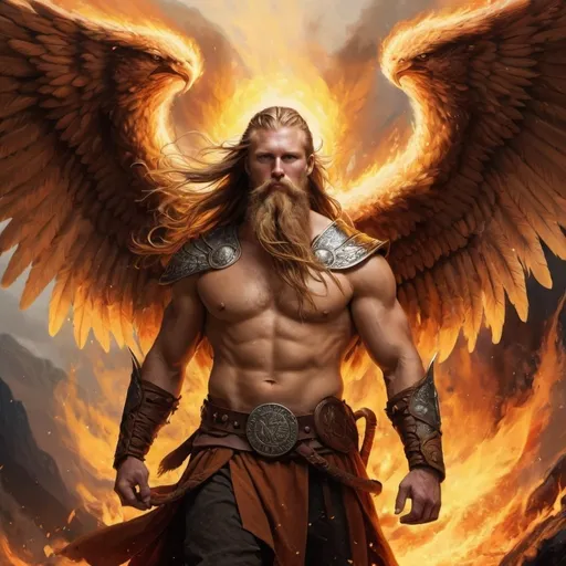 Prompt: viking, phoenix wings, amber colored wings, angel, valhalla, long hair, beard, warrior, fire