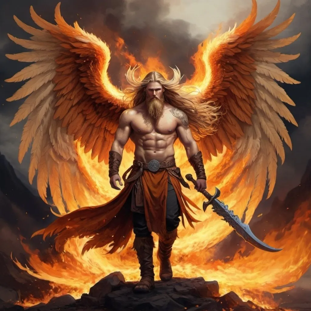 Prompt: viking, phoenix wings, amber colored wings, fire wings, angel, valhalla, long hair, beard, warrior, fire