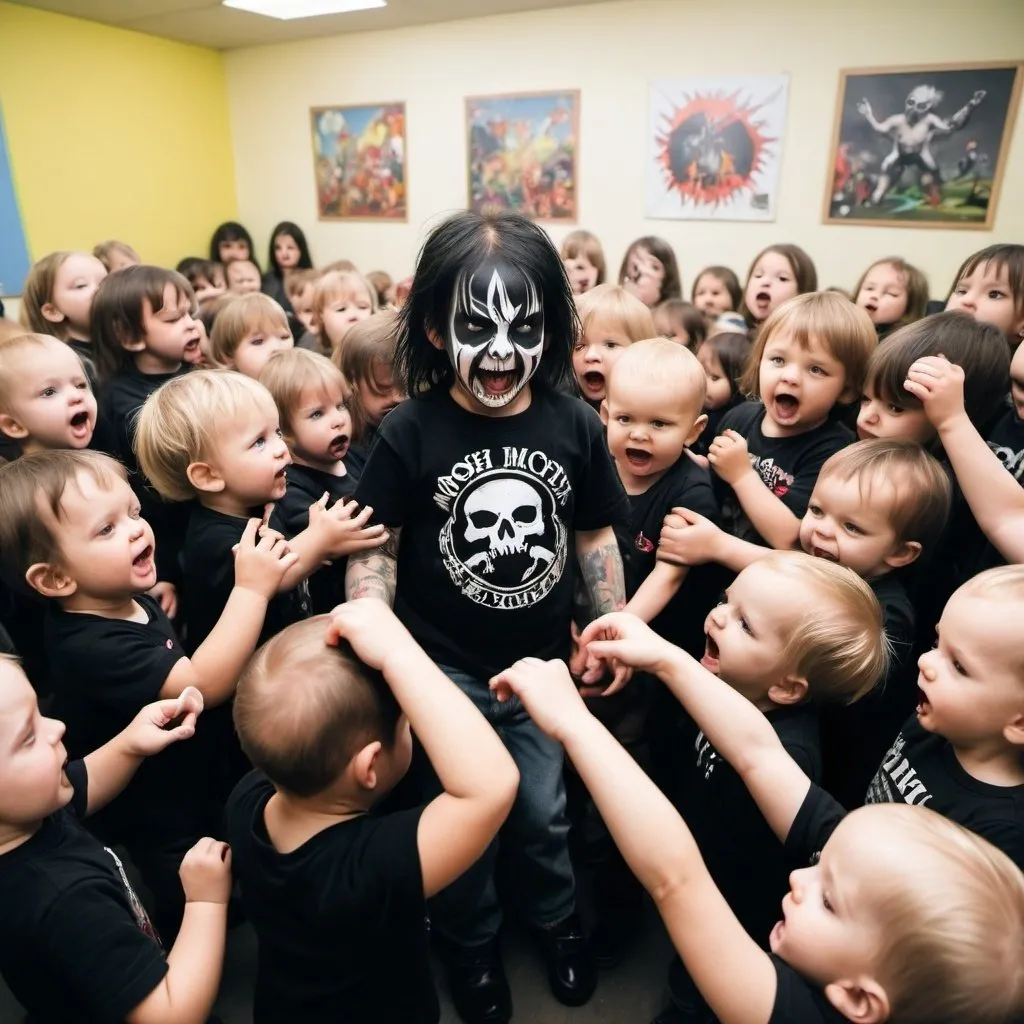 Prompt: mosh pit in a daycare, toddlers, mosh pit, heavy metal, daycare, children, headbang, no adults, toys, black metal, 