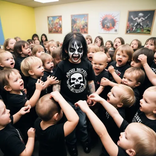 Prompt: mosh pit in a daycare, toddlers, mosh pit, heavy metal, daycare, children, headbang, no adults, toys, black metal, 