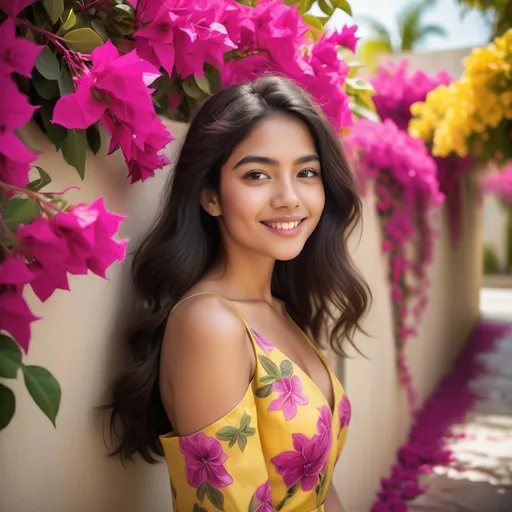 Prompt: Surrounded by a lush tapestry of colorful bougainvillea, a young woman captures a moment of serene beauty, leaning slightly to the side with a playful smile. Her long, dark hair cascades elegantly over her shoulder, adorned with a vibrant pink flower that contrasts beautifully against her yellow dress, which is patterned with delicate floral designs. The outdoor setting, bathed in natural light, enhances the vivid hues of the flowers—ranging from deep magenta to soft white—creating a cheerful and inviting atmosphere. With her confident expression and striking makeup, the scene radiates a joyful, carefree spirit, perfectly embodying a sunny day filled with warmth and positivity.