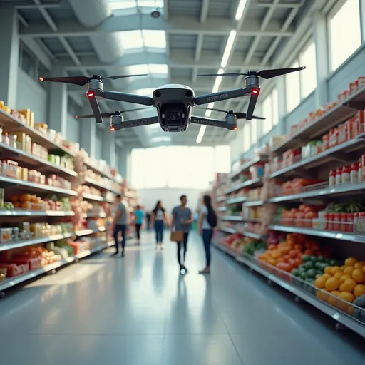 Prompt: Can you generate a photo consistent of "futuristic supermarket",. an image tels about retail 3..0. delivery by drones.