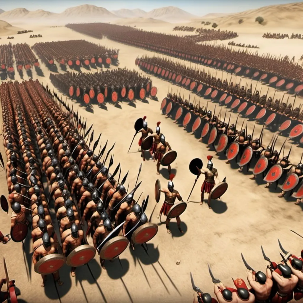 Prompt: A Birds Eye overview of and ancient battle between Spartan warriors and Persians.