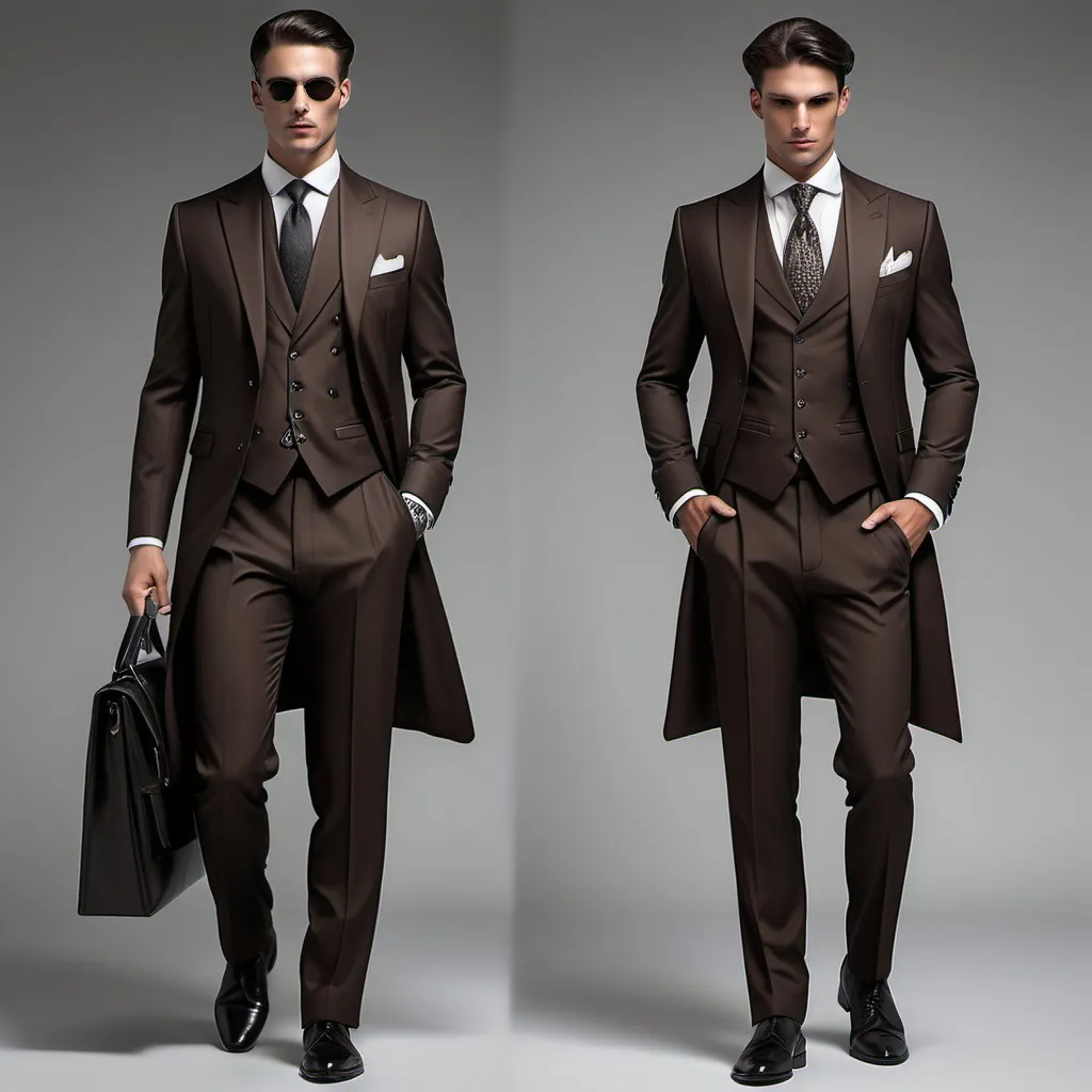 Prompt: masculine suit,mafia style,dark brown or black suit,with a waistcoat and v neck collar,belt,tie and wide pants not tight not short,loose suit ,not tight suit, long sleeves and elegant design style for a 190cm man