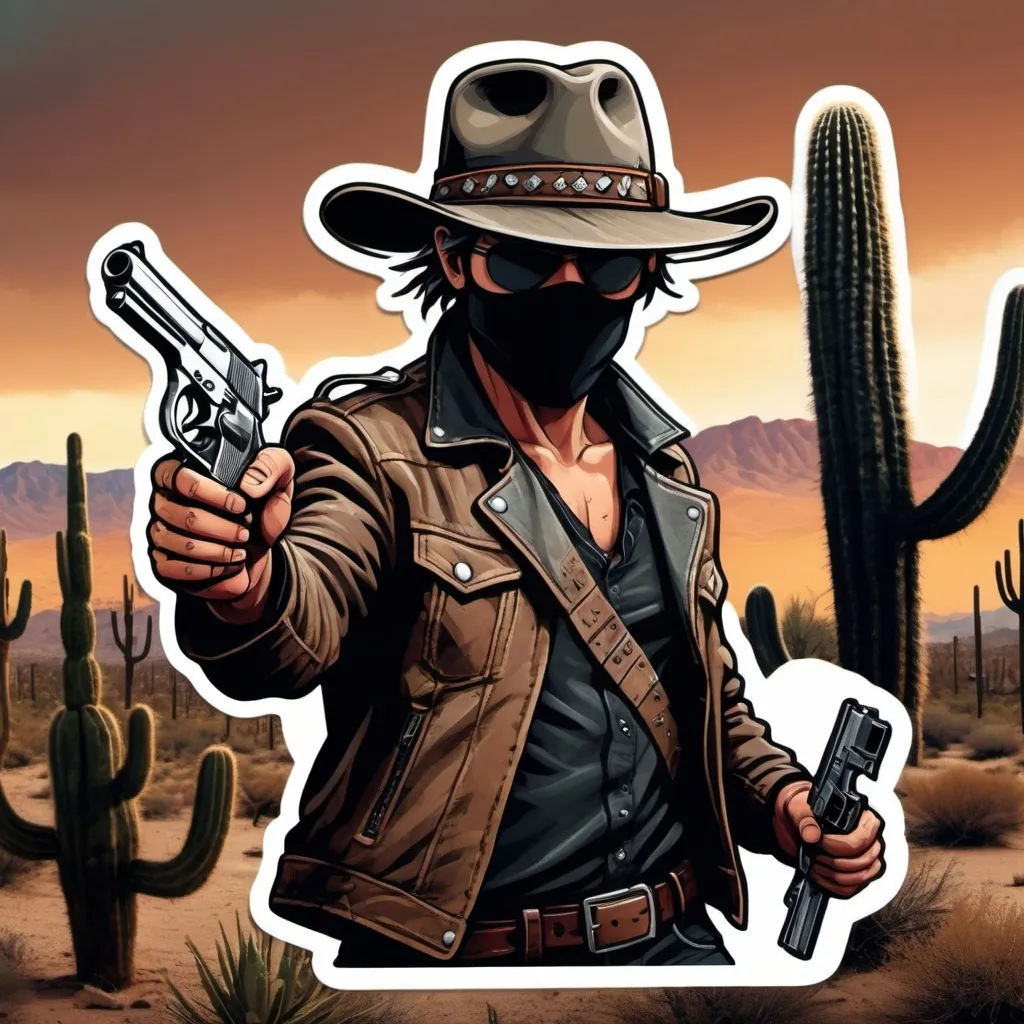 Prompt: (bandit with pistol), (daring pose), rugged clothing, dark leather jacket, weathered hat, intense expression, gripping the pistol tightly, gloomy ambiance, detailed desert background with cacti, dramatic shadows, moody colors, dynamic composition, high tension, (4K), ultra-detailed, cinematic style, adventurous vibe.