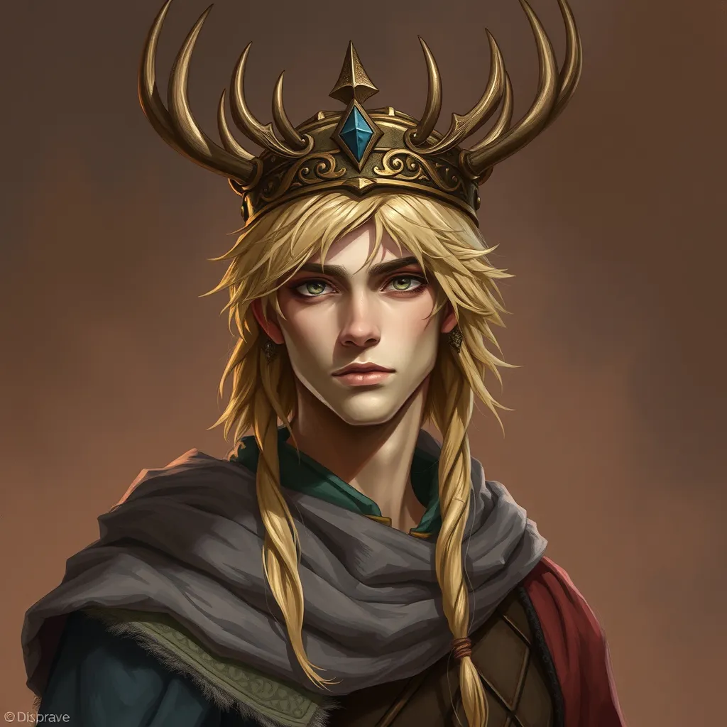 Prompt: hyper-realistic, fantasy character art, illustration, dnd, warm tone, prince with blonde hair and a crown made of deer antlers, tall skinny young man