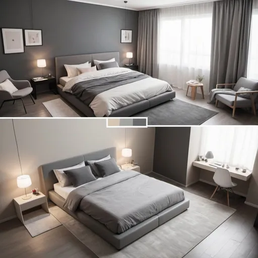 Prompt: top-view scene of a clean bedroom divided in half by a cream. On one side, the room is decorated in various shades of gray with bored atmosphere exuding a sleek and minimalist vibe. On the other side, the room bursts with vibrant colors and passion.