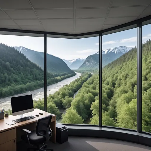 Prompt: view from an office window situated on the side of a cliff overlooking mountains, a river, and lush forest. Include a view of the inside of the modern office also. The river should also be clear blue and the tress should look like the ones you would find in north Canada. The mountains should be snowcapped.